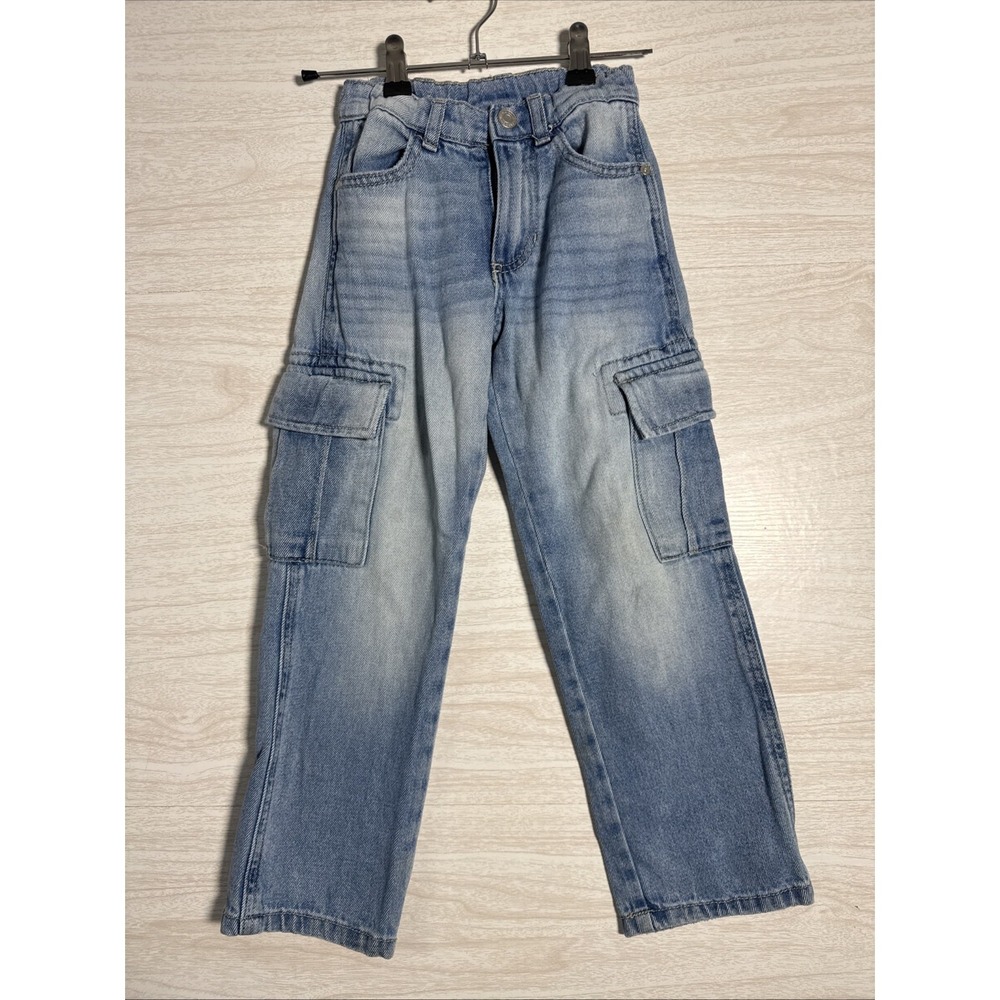 Zara cargo jeans light wash denim Side Patch Pocket Sz 6 Kids